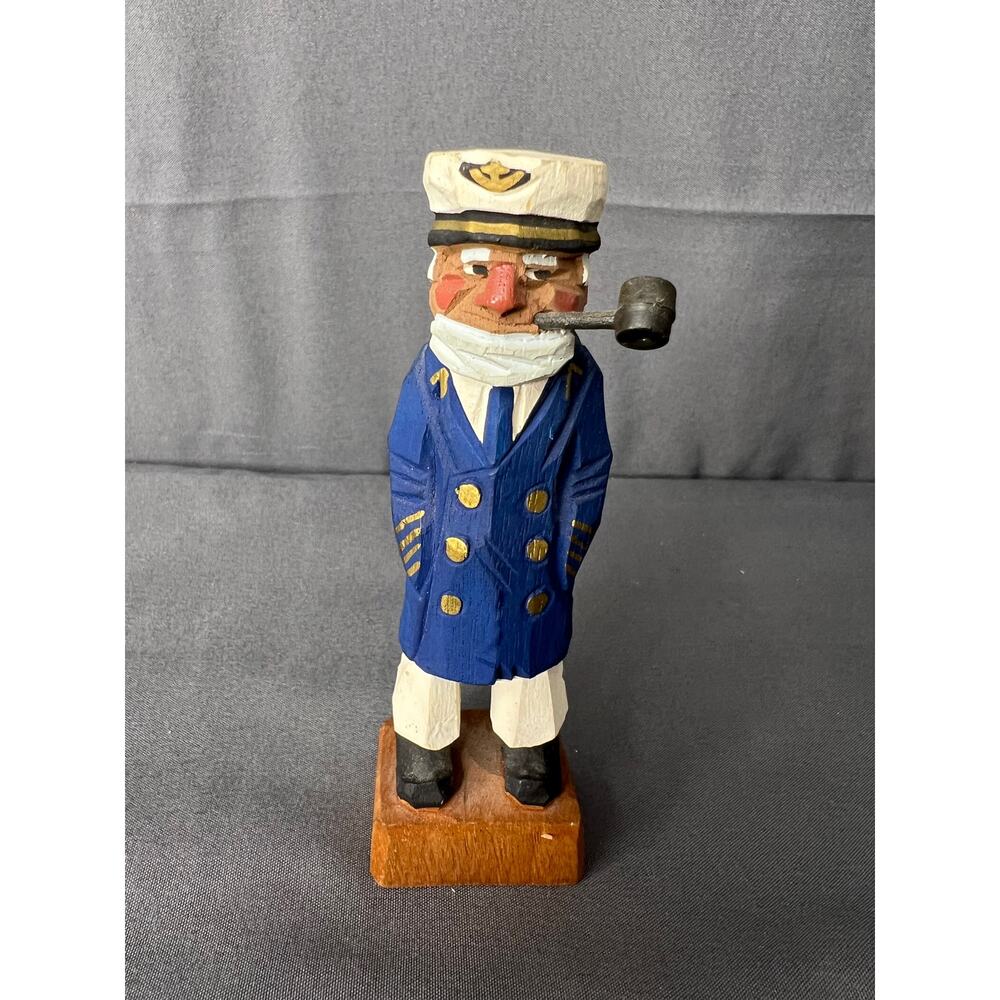 Hand-Carved Blue Captain Figurine with Pipe - Nautical Home Accent